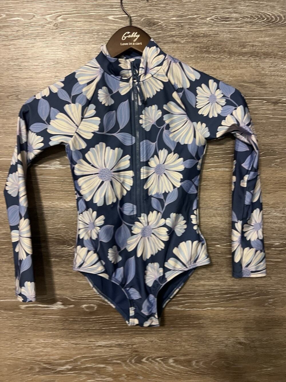 GAP Kids Long Sleeve Swimsuit Girls Floral Print Rash Guard Zip Up Size Medium